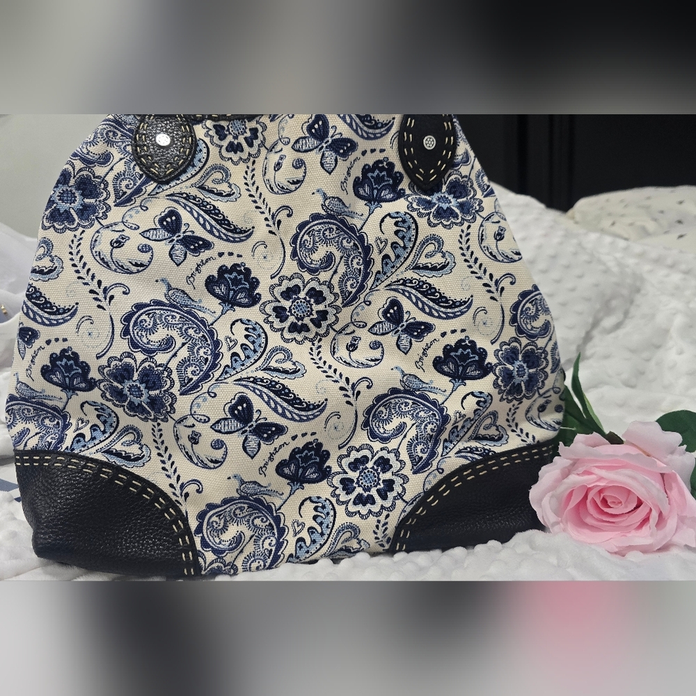 BRIGHTON Paisely Bird Blue And White Butterflies Tote Bag